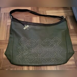 Charming Charlie hand bag purse LIKE NEW gold and dragonfly accent/ Olive green